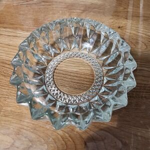 KIG Indonesia Glass Ashtray Diamond Cut Round Clear heavy weight thick VTG 6"